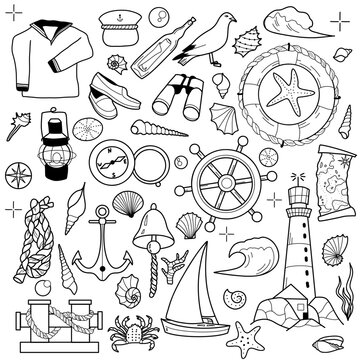 contour drawings, set of elements of sea travel, cruise, lighthouse, sail, anchor, lifebuoy
