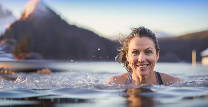 AI generated image of mature woman swimming on icy lake in winter