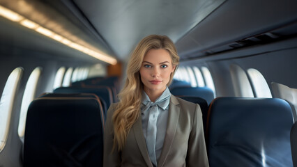 Hübsche blonde Flugbegleiterin mit schicken Anzug im Flugzeug Raum mit Sitze als Hintergrund, ai generativ