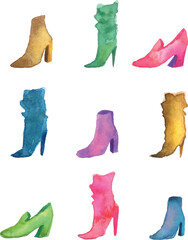set of watercolor shoes illustration vector