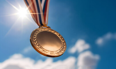 Gold medal hanging in the blue sky, winner against blue sky background copy space,sports,winning,achievement,game,sports business,success concept
