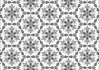 Pattern Floral and Geometric Elements. Seamless Floral Ethnic Pattern. Arabic Indian Motifs Abstract Floral Ornament Thin Line. Vector Wallpaper Background Fabric Paper  Black and White Graphic Design