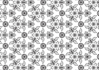 Pattern Floral and Geometric Elements. Seamless Floral Ethnic Pattern. Arabic Indian Motifs Abstract Floral Ornament Thin Line. Vector Wallpaper Background Fabric Paper  Black and White Graphic Design