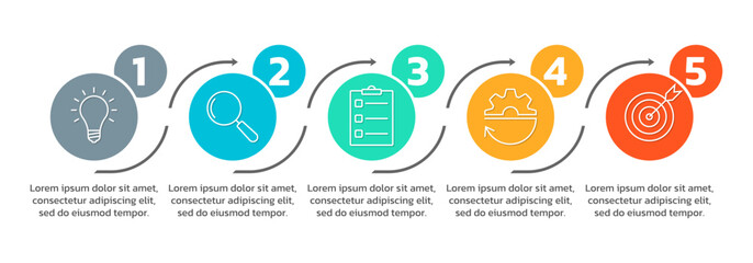 5 step infographic template. Process diagram, business presentation with modern icons and arrows. Timeline info graphic design. Flow chart, layout concept. Vector illustration.