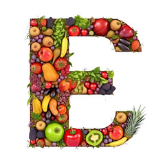 Alphabet or letter e from fresh vegetables and fruits