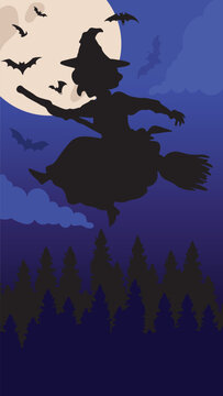 Witch and bats flying in front of full moon cartoon vector illustration.