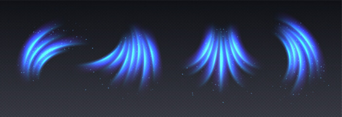 Cold air flow effect, fresh breeze, winter freezing wind, blue light trails with sparkles. Glowing motion effect. Abstract luminescent curves. Vector decoration.