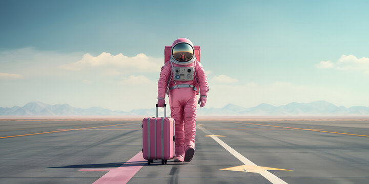 Astronaut in pink space suit with travel suitcase going along the runway for flight at the airport or spaceport, banner with copy space, generated ai