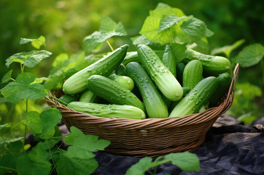 Wicker basket full of cucumbers on green leaves background