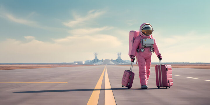 Astronaut in pink space suit with travel suitcase going along the runway for flight at the airport or spaceport, banner with copy space, stylish space man, generated ai