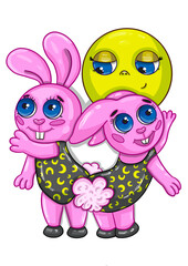 Two pink hares in black swimsuits dance against the background of the full moon on a white background