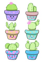 Illustration with different cute cacti in beautiful pots