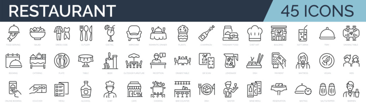 Set of 45 outline icons related to restaurant, cafe, bistro. Linear icon collection. Editable stroke. Vector illustration