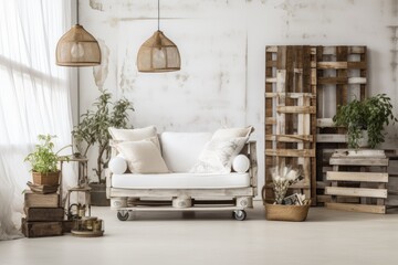 A vintage inspired living room with a classic white color scheme, featuring furniture made from reclaimed wooden pallets and a swinging chair attached to wheels.