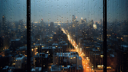 Blurred Rainy Window with Cityscape in Background