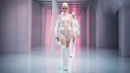 H&uuml;bsche blonde Model Frau in futuristischen wei&szlig;en Lack Outfit im Tunnel mit vielen LED Lichter beim Catwalk, ai generativ