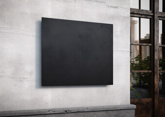 Empty black square signboard mockup in outside for logo design, brand presentation for companies, ad, advertising, shops.