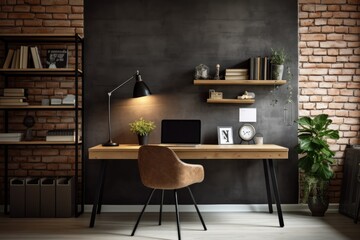A loft apartment adorned with a brick wall contains a workspace comprising a desk and a chair, accompanied by a chalkboard, lamp, and plants for added decoration.