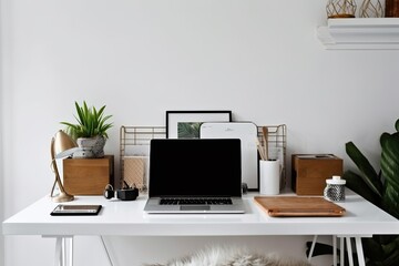 A chic workspace at home or in a studio, complete with a computer desktop, keyboard, cup of coffee, office supplies, houseplant, and clipboard. selective attention. working from home idea. Generative