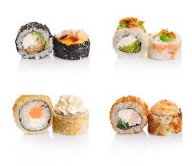 Different kinds of sushi rolls isolated on white background. Japanese cuisine.