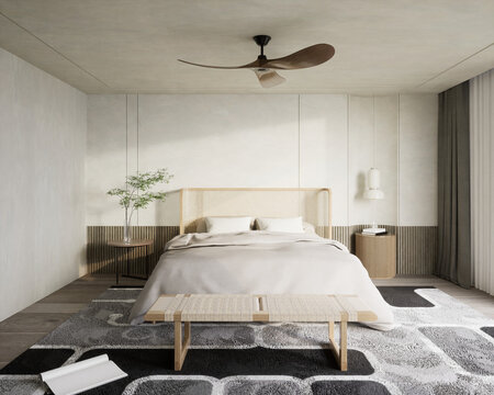 Minimal bedroom interior with home decoration, celling fan
