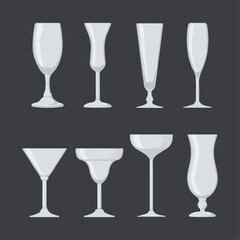 Different types of glasses set. Hand drawn watercolor vector illustration