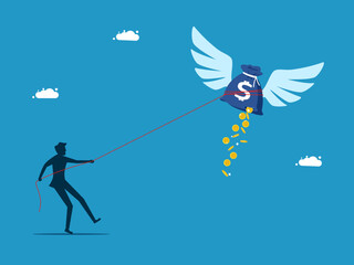 financial success. Businessman pulling a flying money bag. vector
