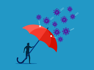 Pandemic. man protect by covering himself with big umbrella from virus. vector
