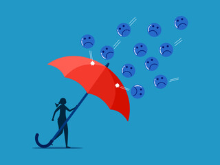 Control emotions. woman protecting herself with big umbrella from negative thoughts vector