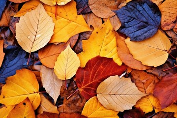 Naklejka na ściany i meble Colorful Fall Leaves Blanketing the Ground: Seasonal Tranquility in an Autumn Background, generative AI