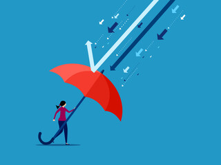 Prevent or control crises. woman protecting herself with big umbrella from arrows vector