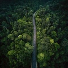 Aerial top drone view over green healthy forest with straight road. Generative Ai.
