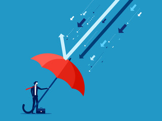 Businessman with big umbrella protects from crisis arrow attack vector