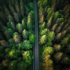 Fototapeta premium Aerial top drone view over green healthy forest with straight road. Generative Ai.