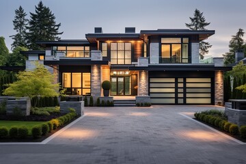 Fototapeta premium A spacious, high end residence with a meticulously designed front yard and driveway leading to the garage, located in the suburban area of Vancouver, Canada.