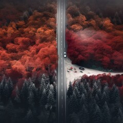 Aerial top drone view over autumn colorful forest with straight road and car. Generative Ai.