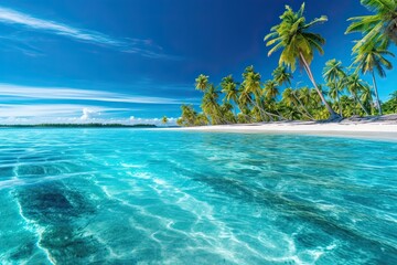 Crystal Clear Turquoise Waters: Discover a Serene Tropical Paradise with Swaying Palm Trees on a Beach Background, generative AI