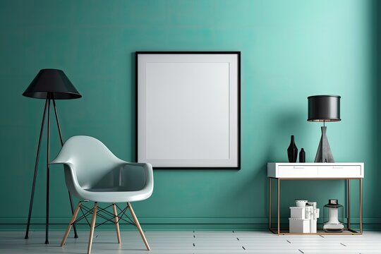 a chair and an empty poster frame are near a colored wall. Generative AI