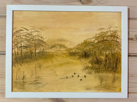 Oil painting on canvas ducks on the lake in spring at sunset. Author's art decorative acrylic painting for interior spring landscape
