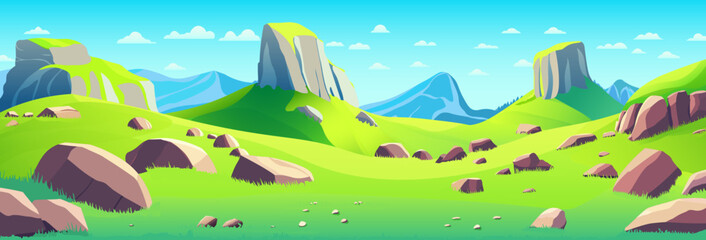 Fototapeta na wymiar Green meadows and road in mountain valley. Vector cartoon illustration of nature panorama, summer landscape of fields with grass, stones, path and white rocks on horizon. Beautiful nature scenery