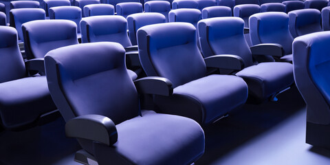 Seats and armchairs in the cinema and theater stalls. Attend a show and show. Empty chairs, audience seats. AI generative.