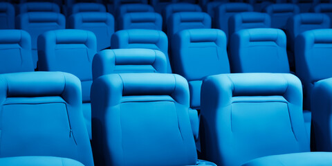 Obraz premium Seats and armchairs in the cinema and theater stalls. Attend a show and show. Empty chairs, audience seats. AI generative.