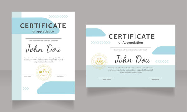 Appreciation certificate design template set. Vector diploma with customized copyspace and borders. Printable document for awards and recognition. Kanit, Cabin, Dancing Script Bold, Regular fonts used