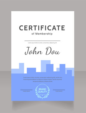 Membership certificate design template. Vector diploma with customized copyspace and borders. Printable document for awards and recognition. Kanit, Cabin, Dancing Script Bold, Regular fonts used