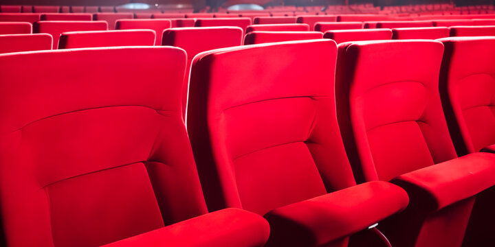 Seats and armchairs in the cinema and theater stalls. Attend a show and show. Empty chairs, audience seats. AI generative.