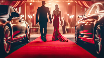 Couple arriving with limousine and walking on red carpet. Fictitious person made by Generative AI.