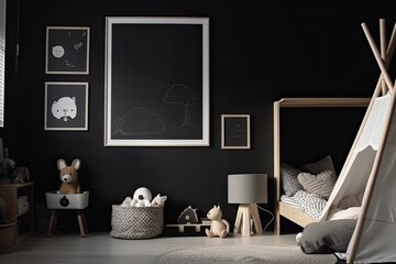 A modern children's room with a black wall and an empty horizontal picture frame. interior design mockup in a modern, Scandinavian design. Free photo copy space. bed and toys cozy space for children