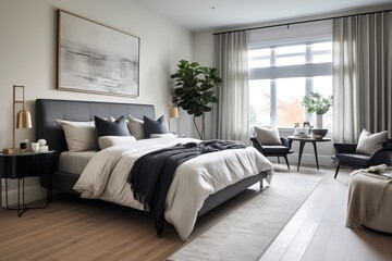 A first floor bedroom with an open door is easily visible, showcasing the modern and spacious aesthetic of the recently renovated show home.