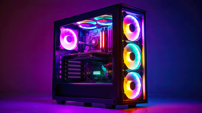 A gaming computer with many RGB LED lighting. Postproducted generative AI illustration.