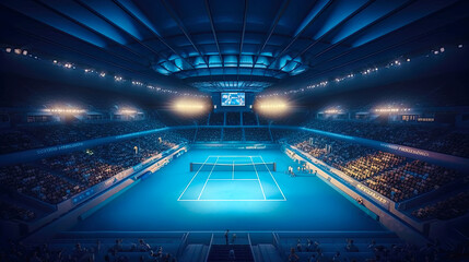  Modern tennis stadium with blue court. Postproducted generative AI illustration.